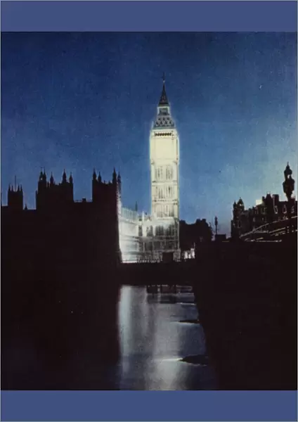 Big Ben, the clock tower of the Houses of Parliament in London floodlit on the night of VE Day, 8 May 1945, having been subject to the blackout in force during World War II (photo)
