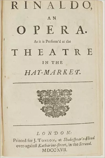 Title page from the libretto of Handels opera Rinaldo, by Giacomo Rossi