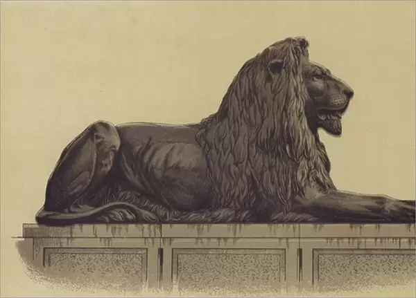 One of the lion statues from Trafalgar Square, London (litho)