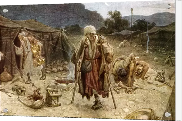 The four lepers looting the camp of the Syrians. - Bible