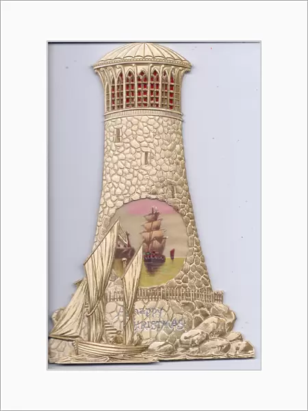 A Victorian hold-to-light Christmas Card of sailing ships and a lighthouse