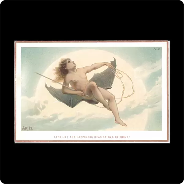 A Victorian card of a naked man holding a rod and sitting on a pair of huge bat wings