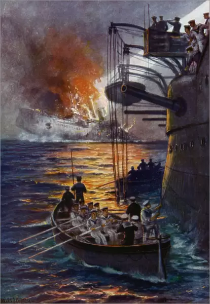 The sinking of the Leipzig (colour litho)