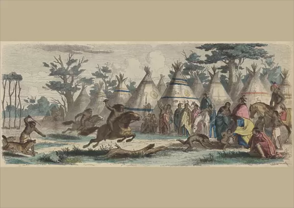 Native Americans racing (coloured engraving)