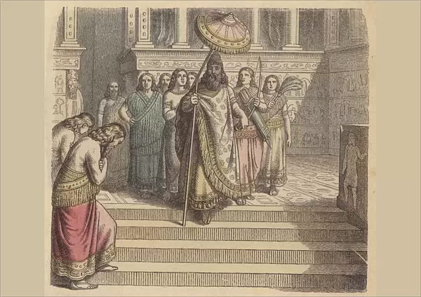 Assyrian king and his entourage (coloured engraving)