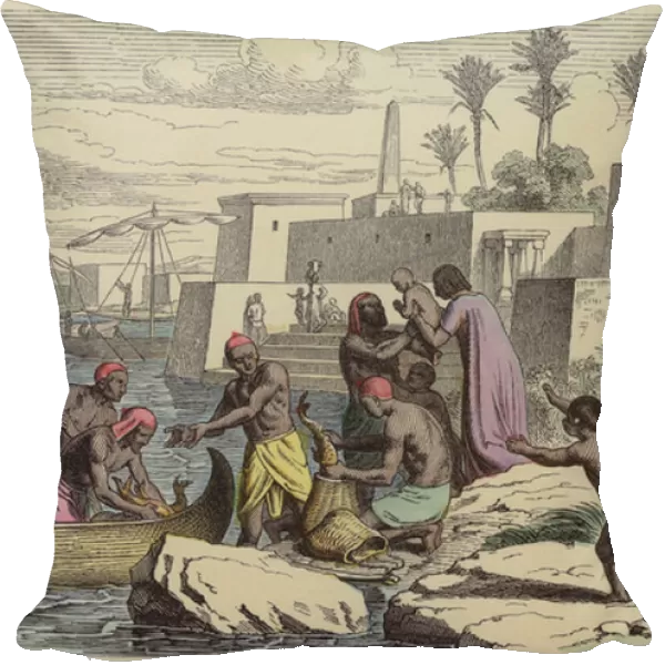 Ancient Egyptian fishermen (coloured engraving)