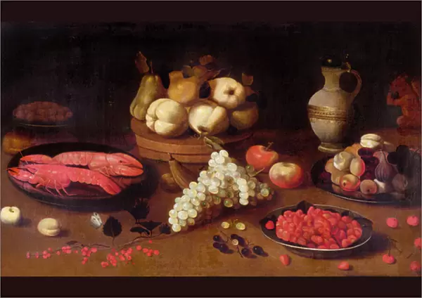 Still life with fruit, crayfish and a squirrel