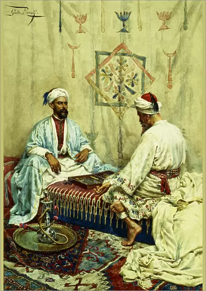 Arabs playing Backgammon in an Interior, (watercolour)
