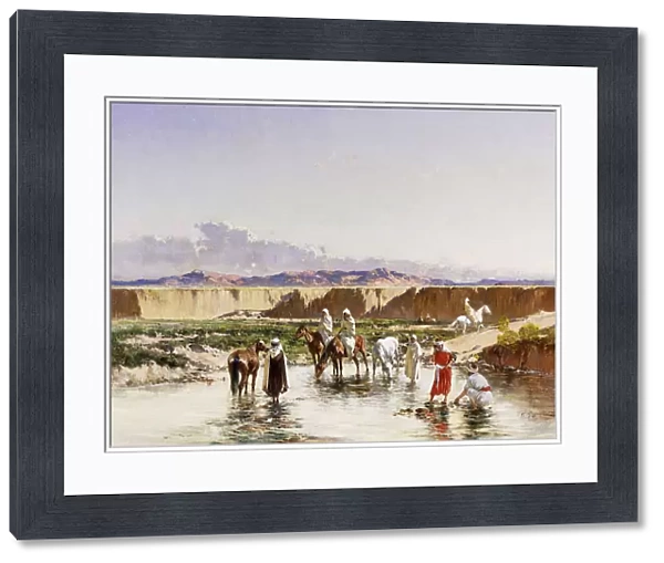 Arab Horsemen watering in an Oasis, (oil on canvas)