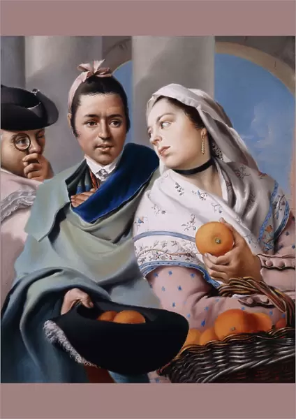 A Girl in a pink Dress and white shawl offering Oranges to a Gentleman in a green Cape