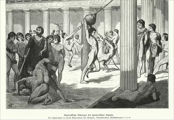 Spartan youths performing gymnastic exercises, Ancient Greece (engraving)