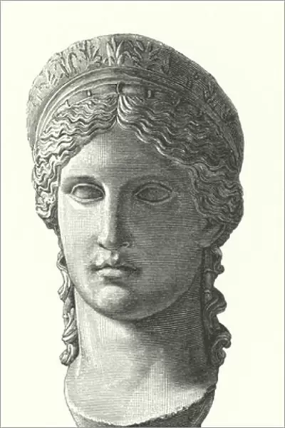 Juno Ludovisi, ancient Roman colossal marble head depicting Antonina Minor, daughter of Mark Antony and Octavia Minor, as the goddess Juno (engraving)