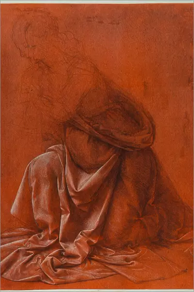 Study for the folds of the dress of a female figure; silverpoint and wash drawing heightened with white on red paper, by Leonardo da Vinci. Galleria Nazionale d Arte Antica, Palazzo Corsini, Rome