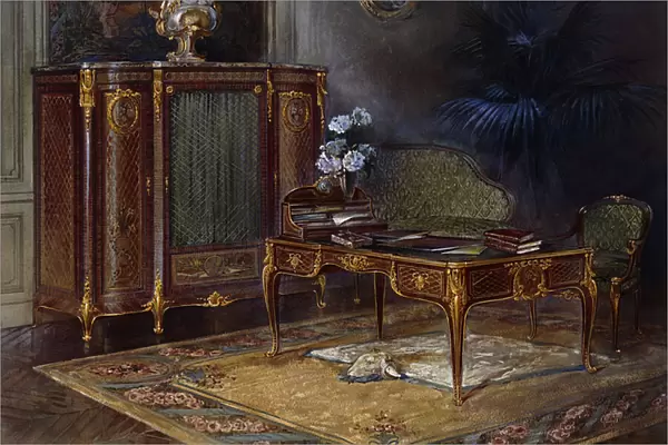 An Interior with a Louis XV Style Ormulu-mounted and Parquetry Bureau Plat