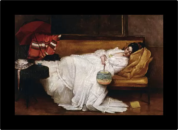 A Girl with a Japanese Fan Asleep on a Sofa, (oil on canvas)