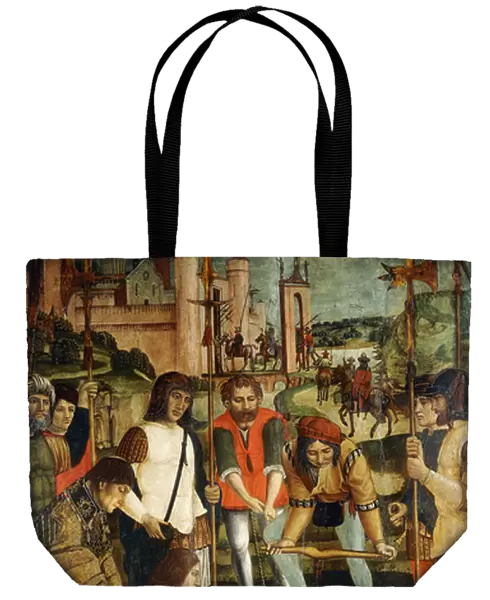 Christ nailed to the Cross with a Donor with his Arm in a Sling presented by a Priest