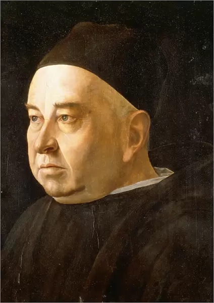 Portrait of a Cleric, bust-length wearing a black coat and cap, c. 1490 (oil on panel)