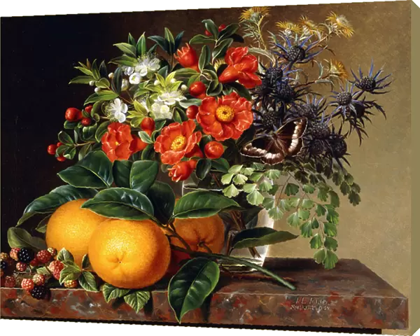 Oranges, Blackberries and a Vase of Flowers on a Ledge, 1834 (oil on canvas)
