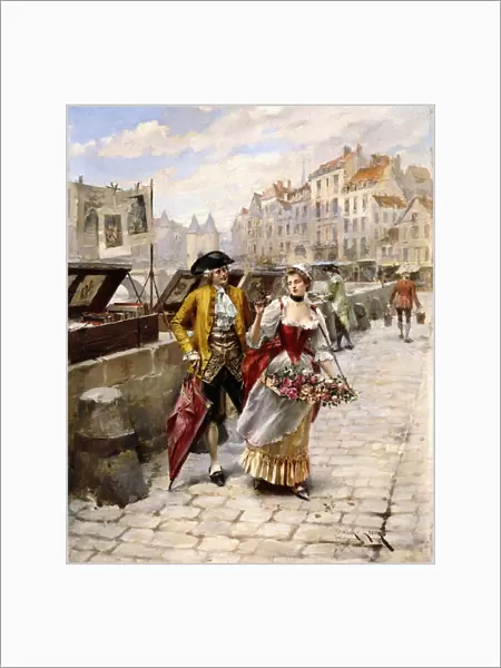 Gentleman and Flower Girl near Book Stalls by the Seine, (oil on panel)