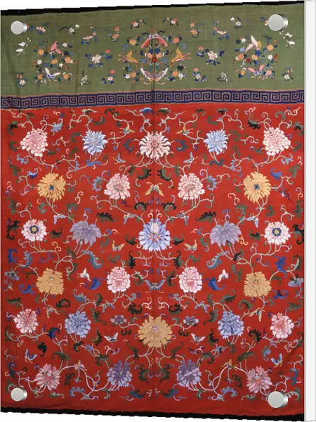 A large hanging woven in kossu in coloured silks against a red ground