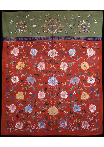 A large hanging woven in kossu in coloured silks against a red ground