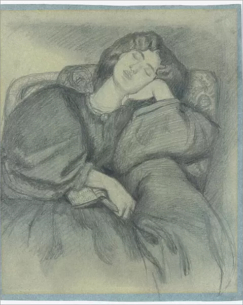 Study of Jane Morris Asleep in an Upholstered Armchair, (pencil on blue paper)