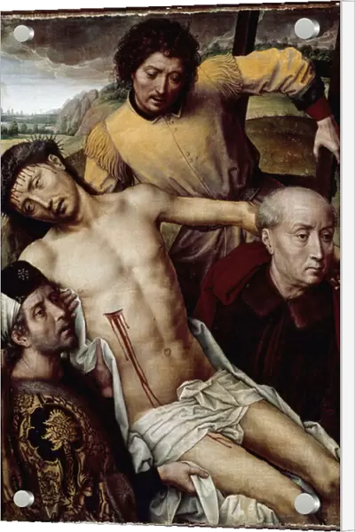 The descent of the cross (deposition). The body of Jesus Christ is carried by three men