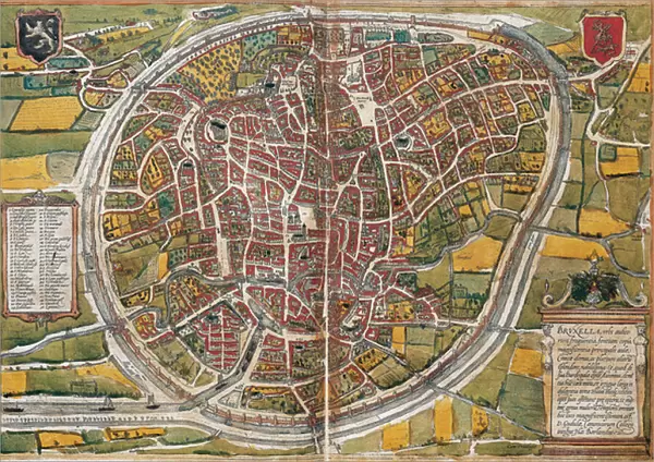 Plan of the city of Brussels, 1572 (coloured engraving)