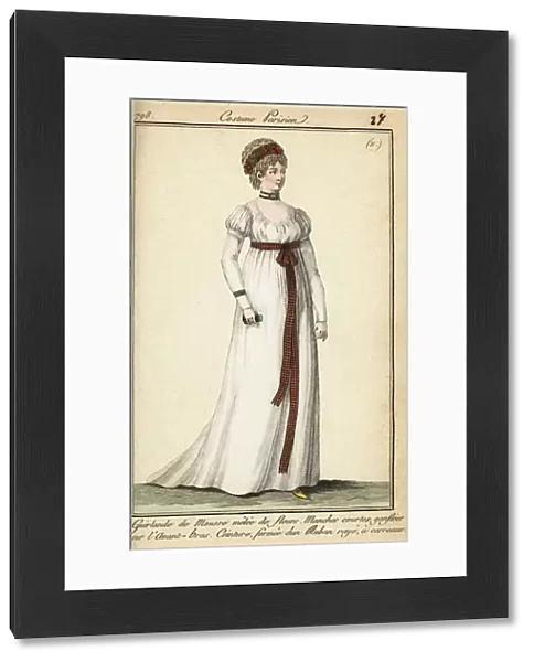 Woman in the fashions of 1798 with short hair under a garland (handcoloured copperplate engraving)