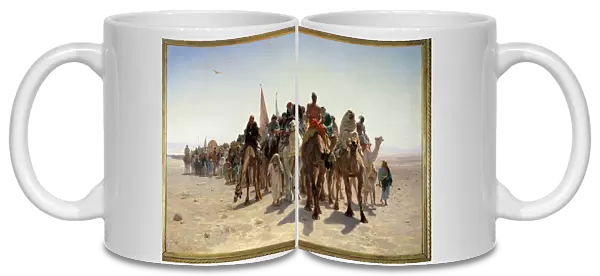 Pelerins going to Mecca Carvane from travelers on camels in the desert