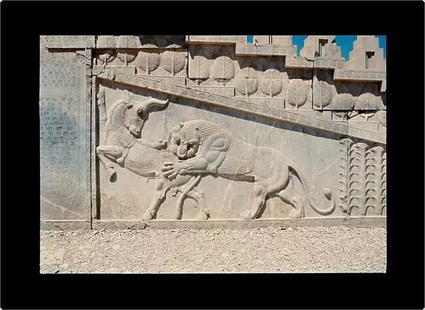 View of the relief of the eastern stairs, a lion attacks a bull