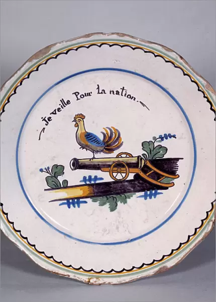 French revolution: plate on which is drawn a rooster 'I watch for the nation'