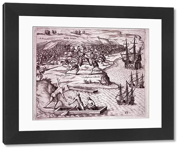 Fourth voyage of Christopher Columbus on the island of Jamaica in 1503 (Engraving, 1595)