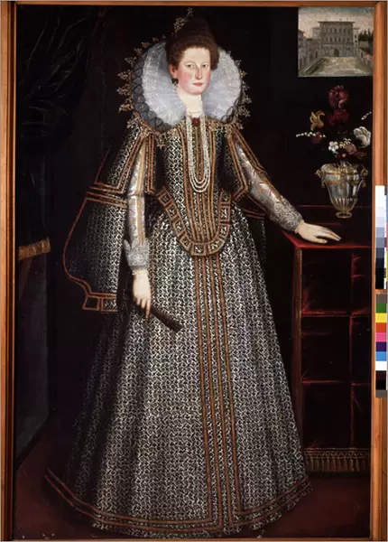 Portrait of a lady of the Florentine nobility Derriere her a representation of the Pitti