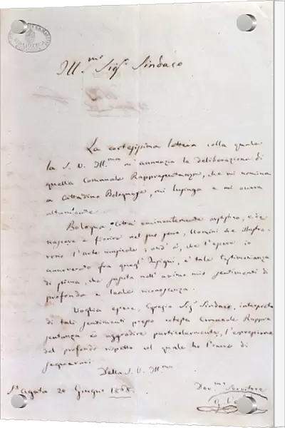 Handwritten letter of Giuseppe Verdi to Bologna mayor when he became honorary citizen