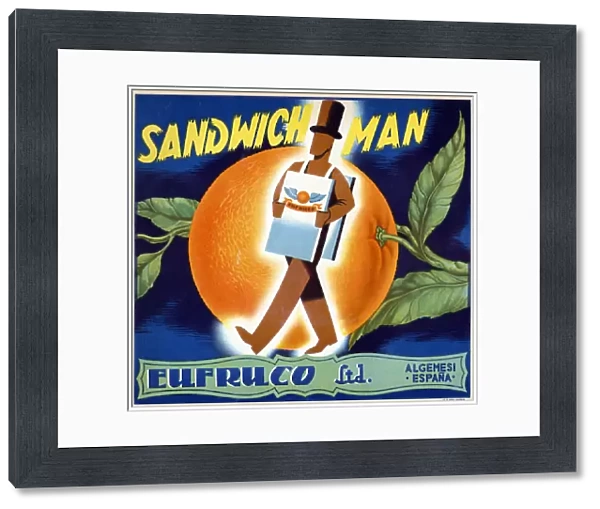 Illustration of a 'man-sandwich'. Label for oranges 'Eufruco'