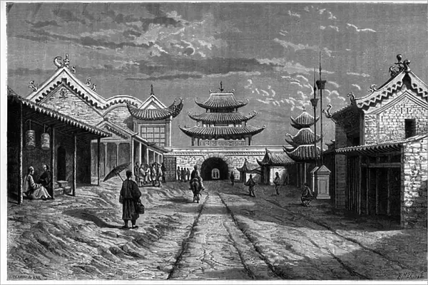 View from a street at 'Youn Tchen Sian', China. Engraving after a drawing by A
