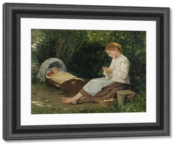 Knitting girl watching the toddler in a craddle (jeune fille tricotant en surveillant un