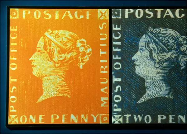 Red and blue Mauritius Post Office Stamps, 1847 (colour engraving)