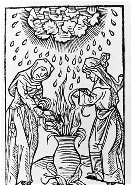 Two witches preparing a potion, summoning a hail storm - grav