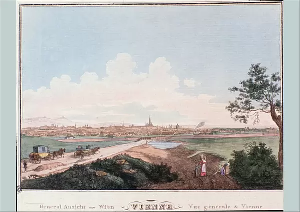 Overview of the city of Vienna with bridge crossing the Danube, 1830 (engraving)