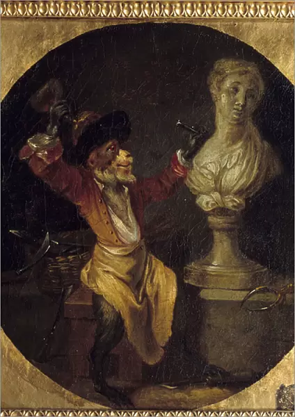 The sculptor monkey. Animal in mans position. Painting by Jean Antoine Watteau