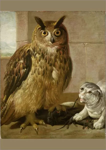 Eagle Owl and Cat with Dead Rats