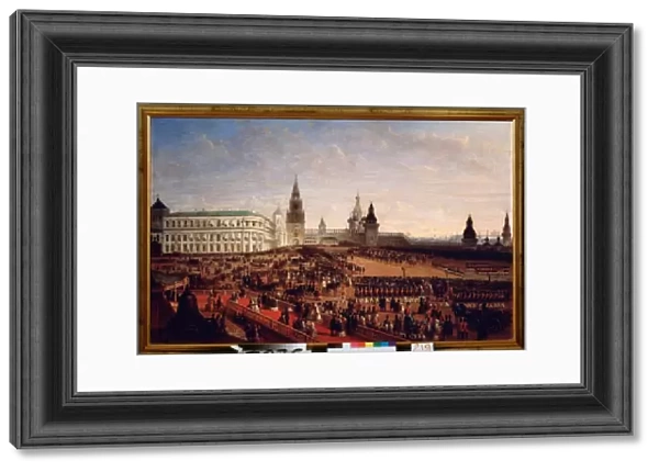 Parade militaire lors du couronnement de l empereur Alexandre II (1818-1881) dans le Kremlin de Moscou, le 18 fevrier 1855. Peinture de Gustav Schwarz (vers 1800-apres 1855), huile sur toile, 1856. Art allemand, 19e siecle