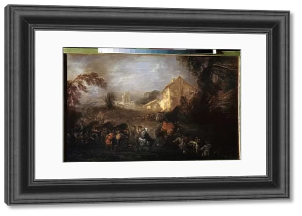 Le fardeau de la guerre (The burden of war). Peinture de Jean Antoine Watteau (1684-1721). Huile sur cuivre, 21, 5 x 33, 5 cm, vers 1713. Art francais, art rococo. Musee de l ermitage, Saint Petersbourg