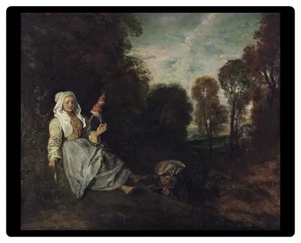 Paysage du soir avec une fileuse - Peinture de Jean Antoine Watteau (1684-1721) Evening Landscape with Spinner Oil on canvas ca 1715 Museum Boijmans Van Beuningen, Rotterdam 55x66