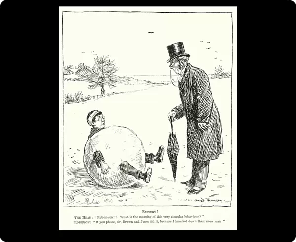 Headmaster finding a boy caught up in a snowball (litho)