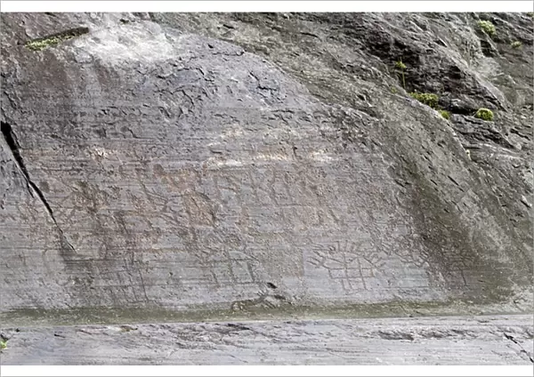 CAMUNI Depiction of buildings, human figures and dog, dense petroglyphs on Permian sandstone