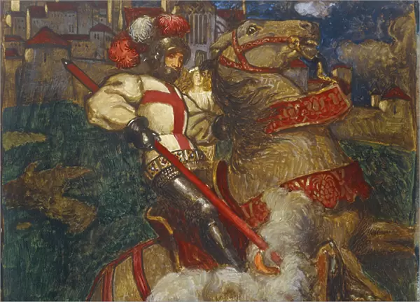 St. George slaying the dragon, 1908 (w  /  c & b  /  c on paper) (detail of 352698)
