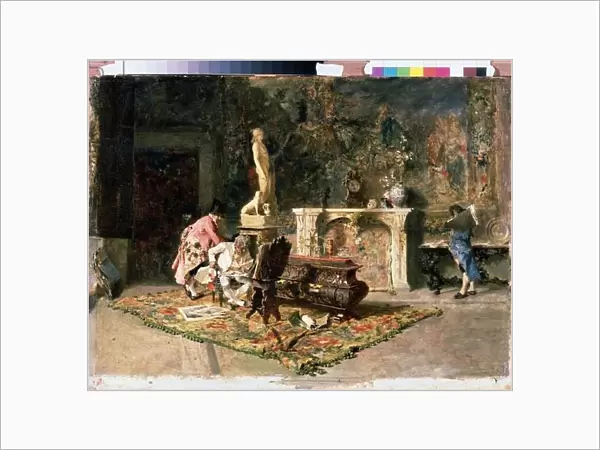 L amateur de gravures (d estampes). (Lovers of Prints). Peinture de Mariano Fortuny y Marsal (1838-1874), 1867. Art espagnol. Huile sur toile. Musee Pouchkine, Moscou